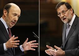 Pérez Rubalcaba y Rajoy, en el Debate sobre el Estado de la Nación. / Afp/