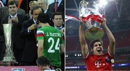 Javi Martínez, hace un año como subcampeón de la Europa League y, en la imagen de la derecha, como campeón de la Champions./