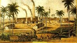 Grabado de la primera locomotora en La Habana./