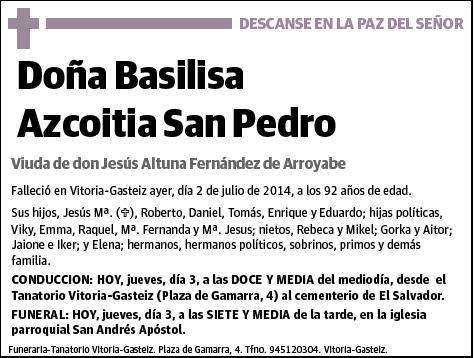 AZCOITIA SAN PEDRO,BASILISA