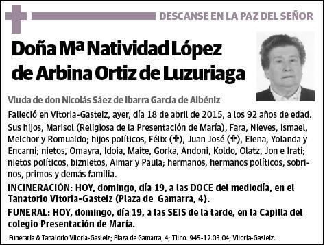 LOPEZ DE ARBINA ORTIZ DE LUZURIAGA,MARIA NATIVIDAD
