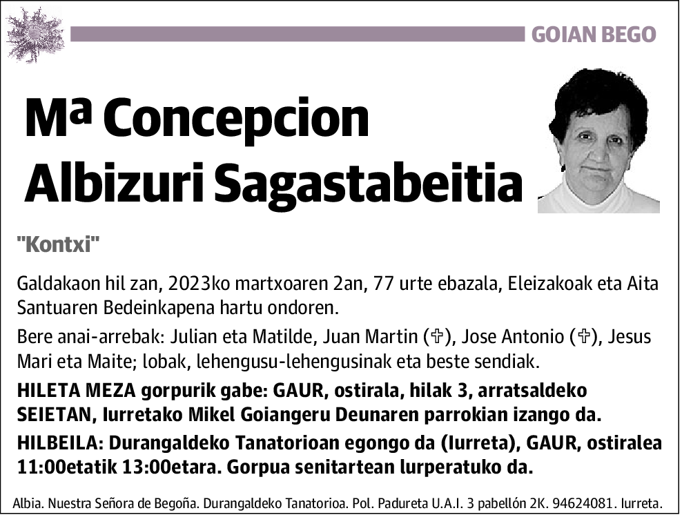 Mª Concepcion Albizuri Sagastabeitia