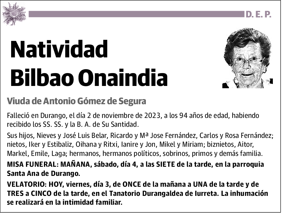 BILBAO ONAINDIA, NATIVIDAD