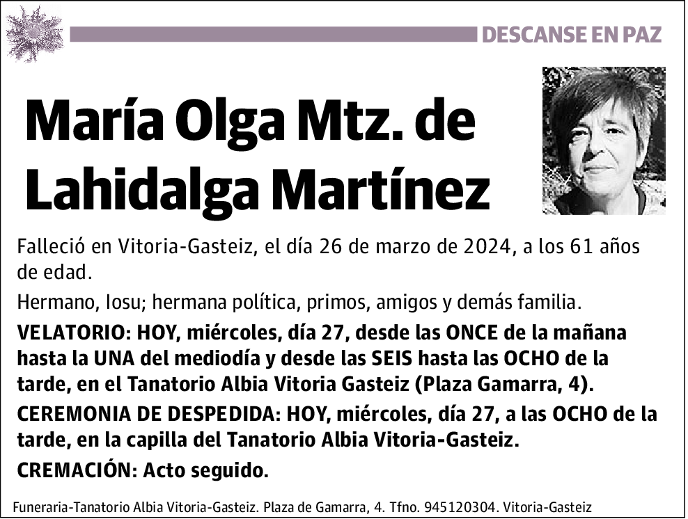 María Olga Mtz. de Lahidalga Martínez