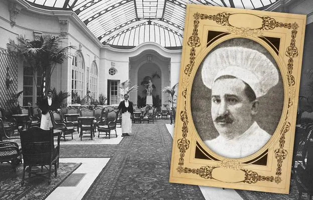 Interior del Hotel Ritz en 1910 (Archivo ABC) y retrato de Antonio Azcoaga (El Gorro Blanco, 1919)./