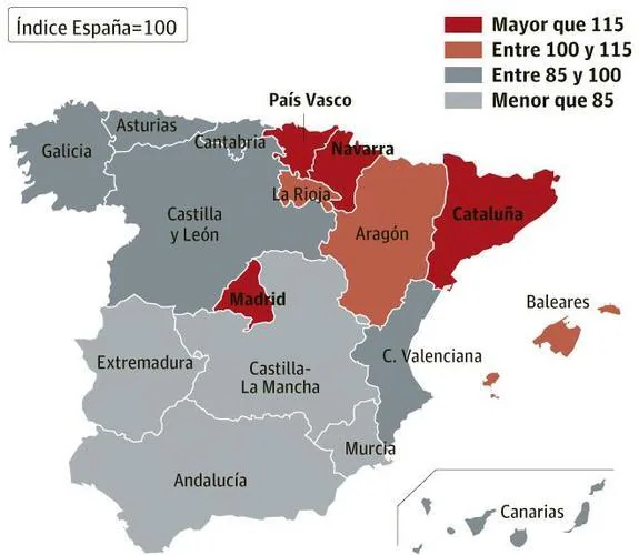Resultado de imagen de espaÃ±a mapa regional de pib per capita 2018